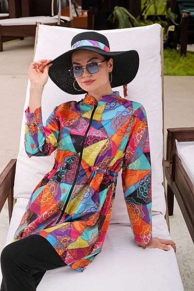 MAG FASHİON Plus Size 2 Piece Hijab Swimsuit - Burkini with Zipper on the Neck and Full Coverage