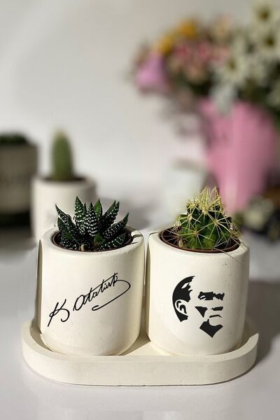 Dekozayn Home Tabaklı Atatürk Baskılı Mini Saksı Seti Hediyelik Dekoratif