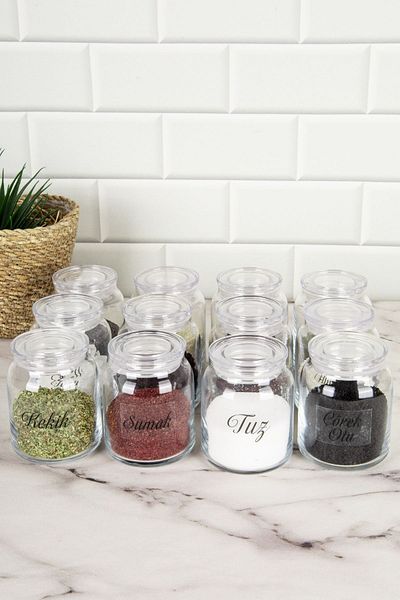 DNS HOME Set of 12 Spice Jars with Transparent Lids, Jar Set with Transparent Label, Storage Container 300 ml