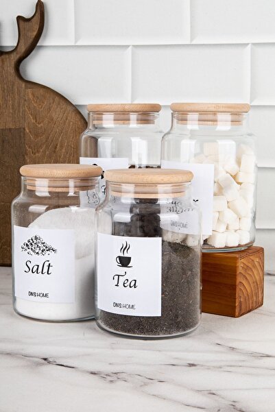 DNS HOME 4-Piece Wooden Vacuum Lid English Label Tea Sugar Coffee Salt Storage Container Glass Jar 800ml