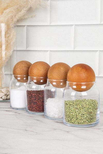 DNS HOME 4-Piece Glass Jar Set Spice Bowl with Wooden Ball Lid 300 ml