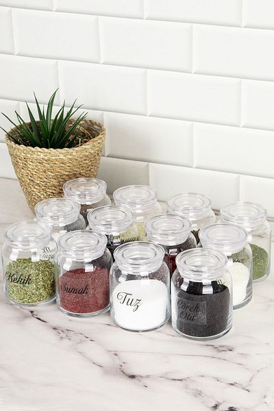 DNS HOME Set of 12 Spice Jars with Transparent Lids, Jar Set with Transparent Label, Storage Container 300 ml