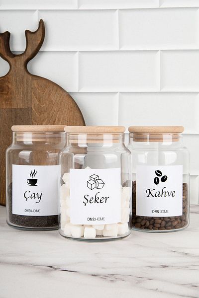 DNS HOME 3-Piece Wooden Vacuum Lid Tea Sugar Coffee Labeled Storage Container Glass Jar 800 Ml