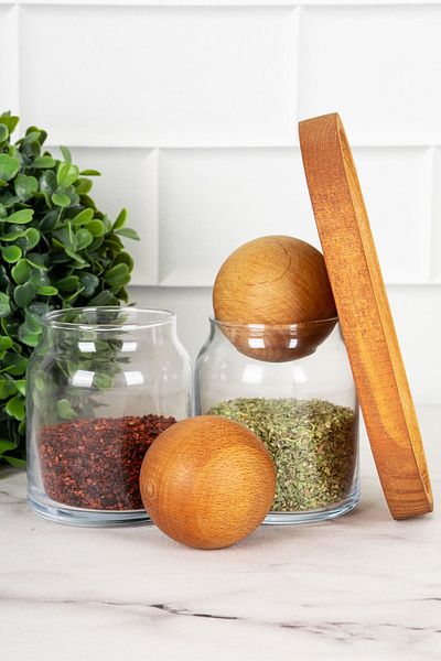 DNS HOME 2-Piece Glass Jar Set with Wooden Ball Lid Spice Bowl Set Glass Spice Bowl with Wooden Stand 300 ml