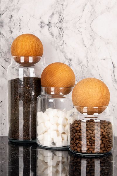 DNS HOME 3-Piece Glass Jar Set with Wooden Ball Lid Storage Container Spice Rack Pulses Set 1300 Ml-800 Ml-500 ml