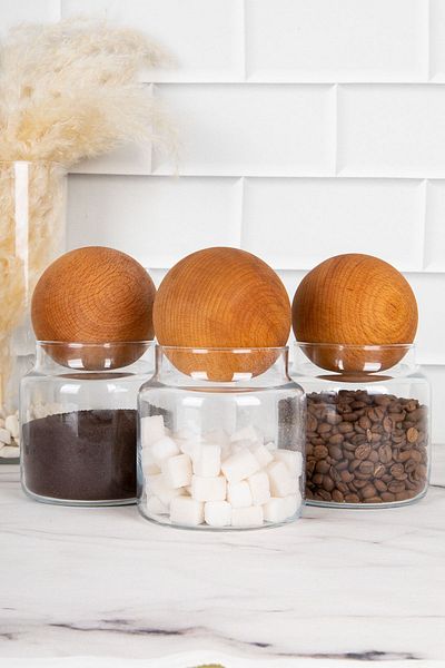 DNS HOME 3-Piece Glass Jar Set with Wooden Ball Lid Storage Container Spice Jar Pulses Set 500 ml