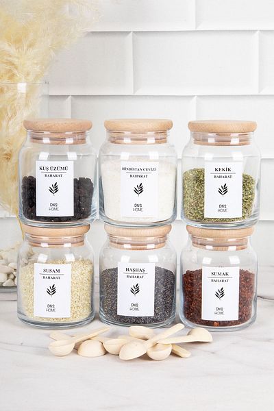DNS HOME 6-Piece Wooden Vacuum Lid Glass Spice Jar Set with 6 Spice Spoons and Spice Label 300 ml