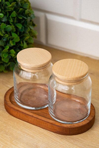 DNS HOME Set of 2 Glass Jars with Wooden Lid and Wooden Stand Spice Jar 300 Ml