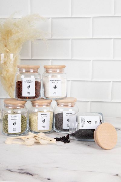 DNS HOME 6-Piece Wooden Vacuum Lid Glass Spice Jar Set with 6 Spice Spoons and Spice Label 300 ml