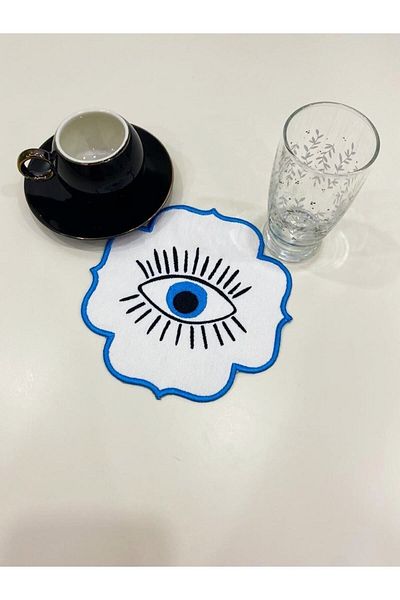 İNCİ ÇEYİZ 6 bucăți de țesătură de in cu model de ochi rău brodat, șervețel de cocktail și coaster de cafea