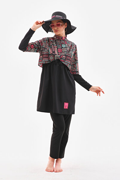 MAG FASHİON Omuzda Pile Detaylı 3 Parça Tesettür Mayo Tam Kapalı Mayo Büyük Beden Burkini