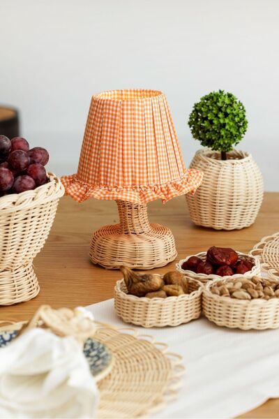 Maison Avf Turuncu Pötikare Desen Kumaş Rattan Ayaklı Kablosuz Gece Masa Lambası