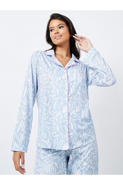 Styli Floral Print Piped Detail Shirt & Pyjama Set