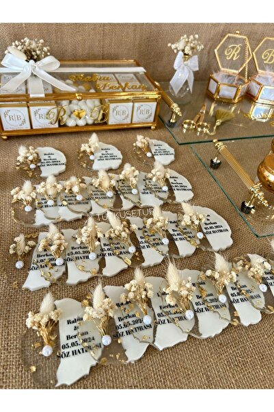 TutkuSetUp Cam Söz-Nişan Söz Tepsisi, Çikolata Kutusu, 25 Adet Epoksi Magnet, Söz Seti