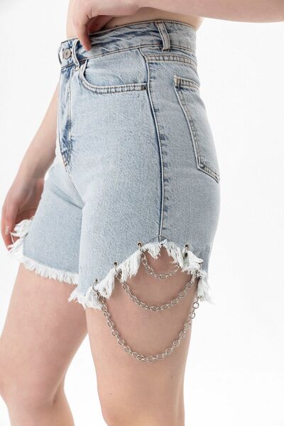 EtkiModa Women's Ice Blue Denim Shorts with Side Chain and Tassels