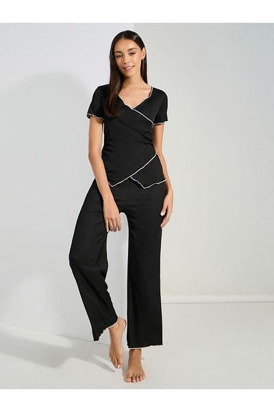 Styli Mono Contrast Edge Rib Wrap Over T-Shirt & Pyjama Set