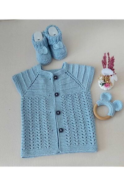 BEGİN طقم ثلاثي من القطن العضوي باللون الأزرق - سترة أطفال وأحذية عضاضة