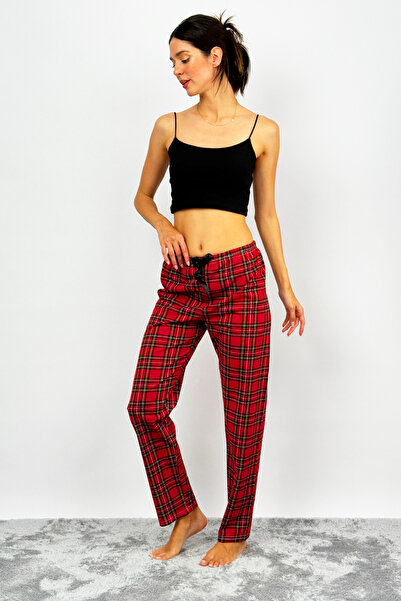 Betimoda Kadın Pamuklu Ekose Desenli Pijama Altı Eşofman Kurdeleli Kırmızı Sarı
