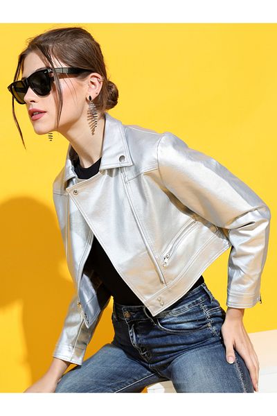 Tokyo Talkies By Styli Metallic Cropped Biker Jacket