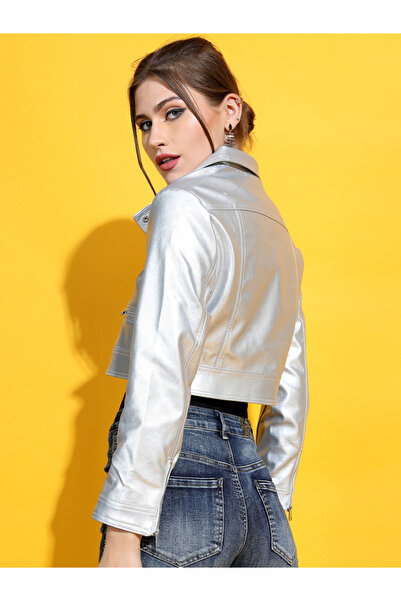 Tokyo Talkies By Styli Metallic Cropped Biker Jacket
