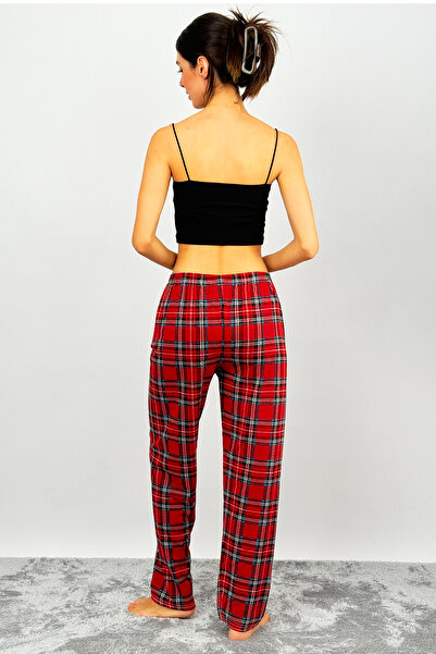 Betimoda Pantaloni de trening pentru femei, din bumbac, în carouri, cu modele de pijama, roșu, verde, carouri, cu panglică