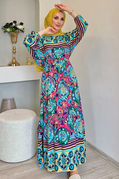 julude Rochie modestă din viscoză Mavifujya - mânecă liliac și model legat în talie