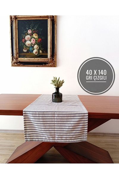 HOME ART ATELIER hand made Gray Striped Organic Cotton Linen Runner 40x140
