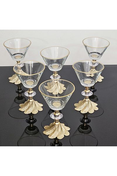 atabey home collection 6-Piece Pasabahce Cast Footed Bowl Set - Gold Detailed Ice Cream and Sugar Bowl Snack Bowl