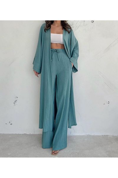 Holly Beez Turquoise Long Kimono Seersucker Set - Side Slit