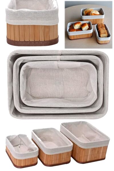 Genel Markalar Bambu Üçlü Sepet Mutfak Çeyizlik 3 Boy Kaliteli 3 Parça Ekmek Sepeti Meyve Sofra Aksesauarı