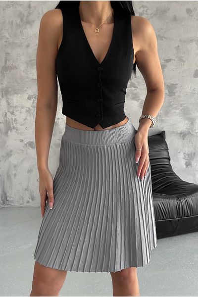 FEMELLE Grauer Strickrock - Damen, Standardgröße, elastische Taille, kurze Falten