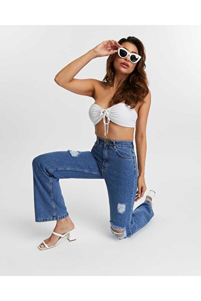 Vovikon بنطلون جينز نسائي ممزق واسع الساق مقطوع بالليزر - KN