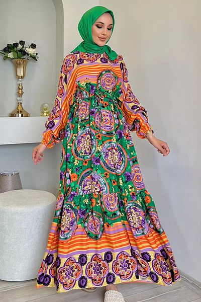 julude Yeşilorange Viscose Hijab φόρεμα - Μανίκι νυχτερίδας και δεμένη μέση με μοτίβο