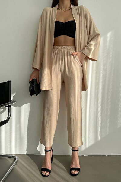 MILANOFOX طقم كيمونو وبنطلون قطني بيج - نسائي