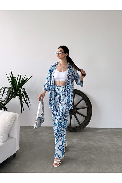 Fav Style Blue Patterned Kimono Women's Trousers Set
