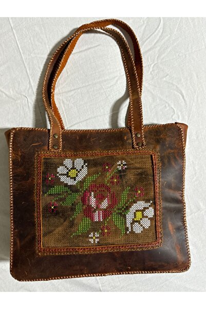 FORES El Yapımı Hakiki Deri Tasarım Çanta Papatya Desenli Kanaviçe İşlemeli Ö...