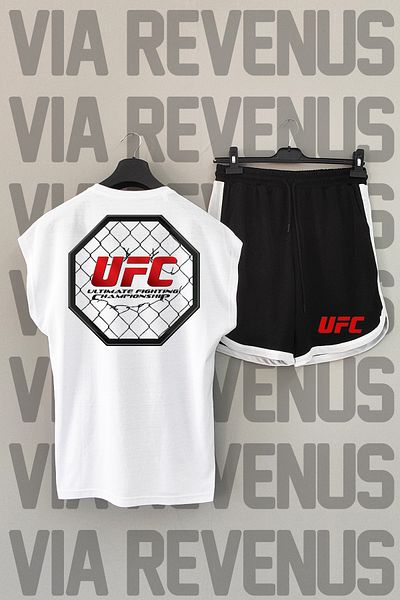 Vordevia UFC Λευκό αθλητικό μπλουζάκι και μαύρο αθλητικό σορτς - Crew λαιμόκοψη, μηδενικό μανίκι
