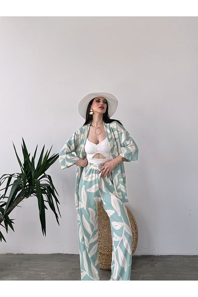Fav Style Mint Colored Patterned Kimono Women's Trousers Set