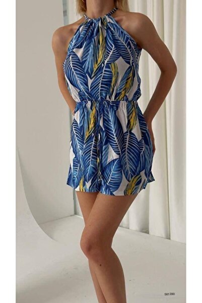 merysare Patterned Viscose Fabric Women's Shorts Jumpsuit - Lace-up Collar (C...