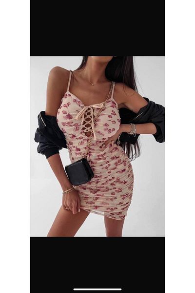 merlavin Πολύχρωμο Multi Chiffon Digital Printed Γυναικείο Φόρεμα - Ζαρτιέρες και Δαντέλα στο στήθος