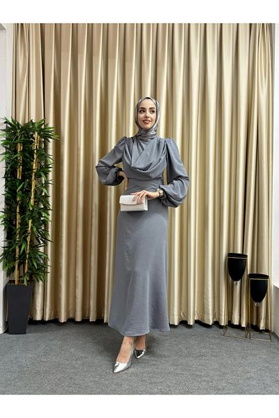 Tarzım Tuba Gray Hijab Dress - Aerobin Dagaje
