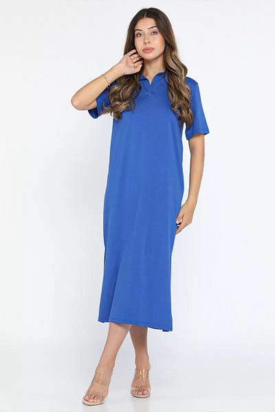 GÜLSELİ Βασικό γυναικείο φόρεμα Sax Blue με λαιμόκοψη Polo και σκίσιμο στο πλάι
