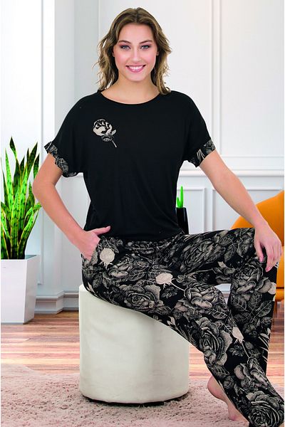 Jenny Daphne Colanți din viscoză cu model floral pentru damă - Gâtul turn, tricou cu mânecă scurtă, Set pijamale 12581