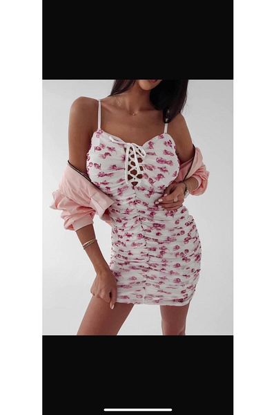 pelinzen Πολύχρωμο Multi Chiffon Digital Printed Γυναικείο Φόρεμα - Ζαρτιέρες και Δαντέλα στο στήθος