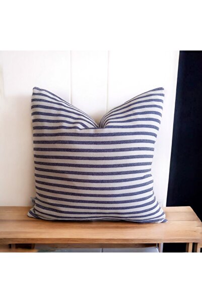 HOME ART ATELIER Lacivert Çizgili Yıkanmış Keten  Bohem Kırlent Kılıfı