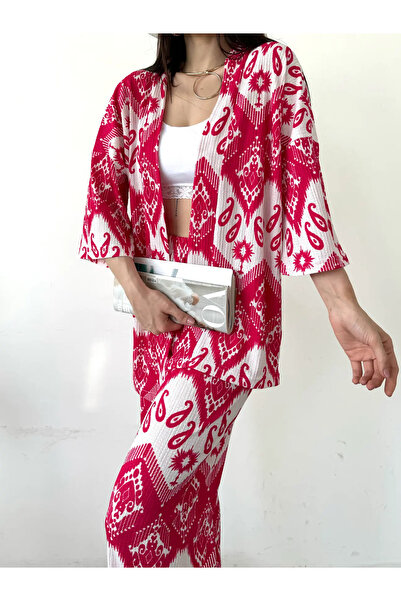 Fav Style Fuchsia Patterned Kimono Women's Trousers Set