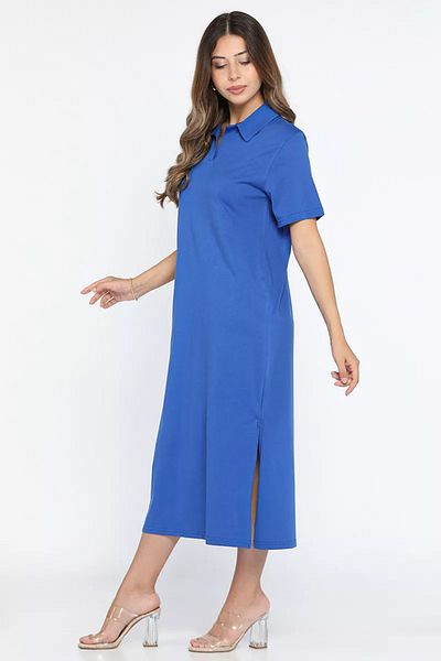 GÜLSELİ Βασικό γυναικείο φόρεμα Sax Blue με λαιμόκοψη Polo και σκίσιμο στο πλάι