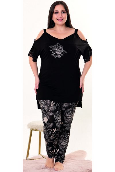 Jenny Daphne Plus Size Floral Patterned Viscose Pajamas Set - Shoulder Detail, Short Sleeve 10955