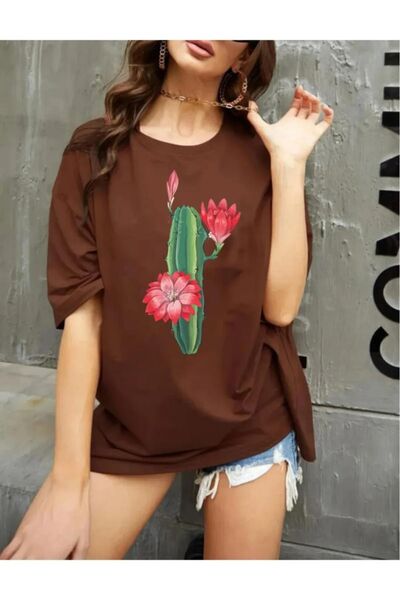 oneagılyazı Oversize Cactus Printed Flower T-shirt