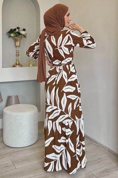 julude Patterned Lycra Hijab Dress - Brown, Waist Belted